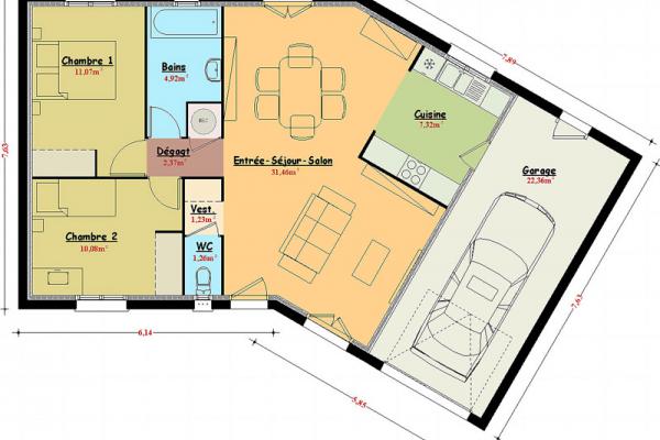 Modèle et plan de maison : Ambre - 70.00 m²