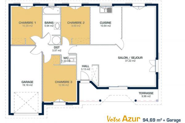 Modèle et plan de maison : Azur - 94.69 m²