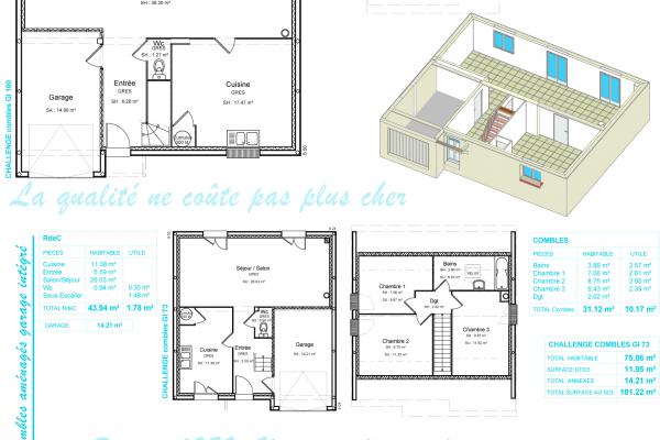Modèle et plan de maison : Challenge Combles GI 88 - 88.03 m²