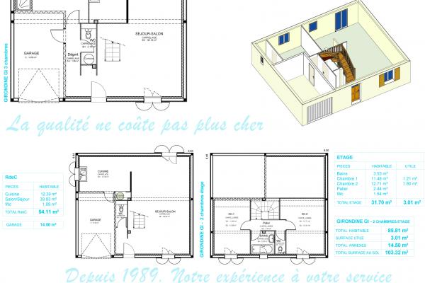 Modèle et plan de maison : Girondine GI - 3 Chambres - 95.85 m²