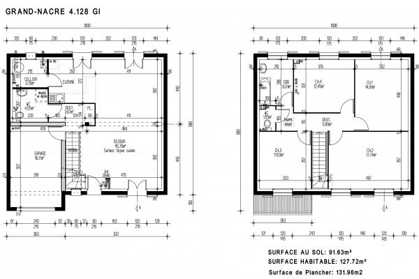 Modèle et plan de maison : GRAND NACRE 4.128 GI - 128.00 m²