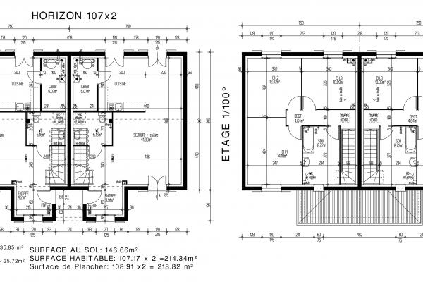 Modèle et plan de maison : HORIZON 107 x 2 - 107.00 m²