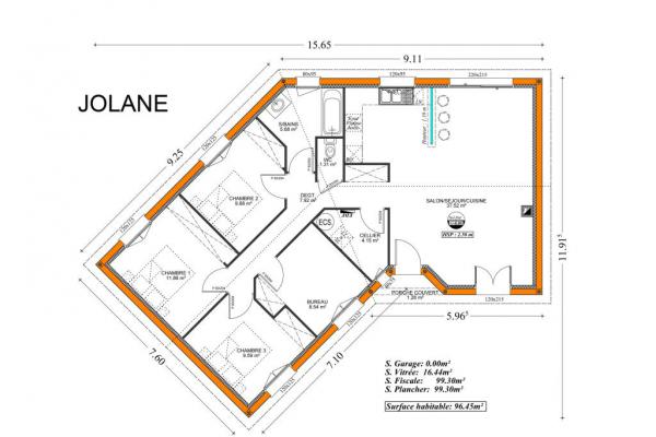 Modèle et plan de maison : Jolane - 96.00 m²