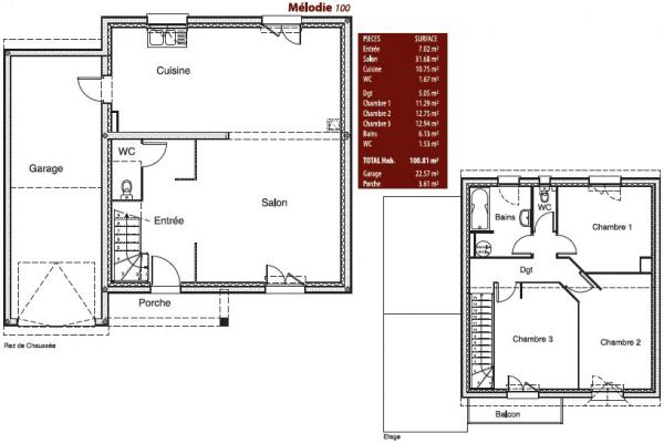 Modèle et plan de maison : Mélodie 100 - 100.00 m²