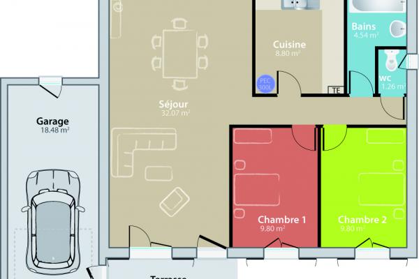 Modèle et plan de maison : Monégasque - 70.00 m²