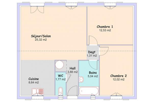 Modèle et plan de maison : Rivage - 70.51 m²