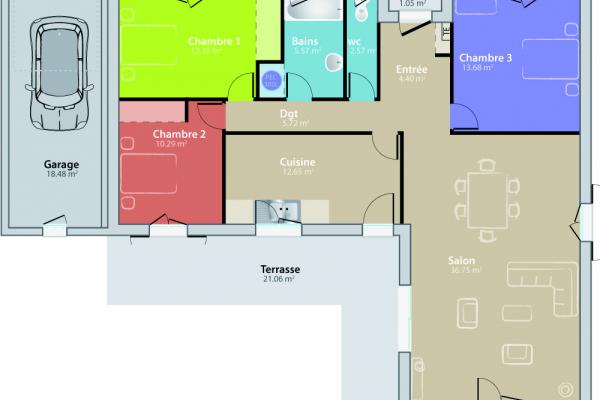 Modèle et plan de maison : Romaine - 104.00 m²