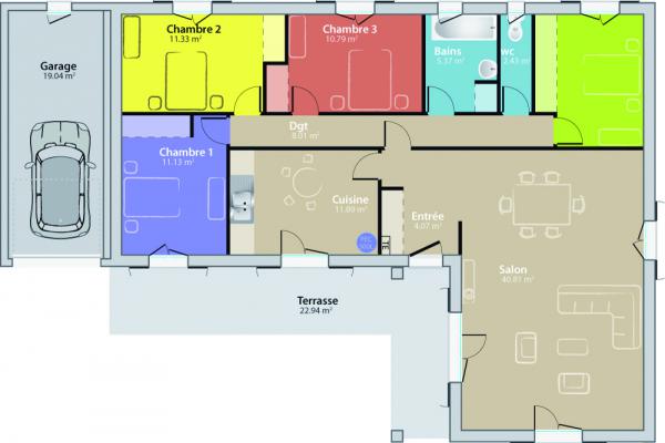 Modèle et plan de maison : Romaine - 116.00 m²