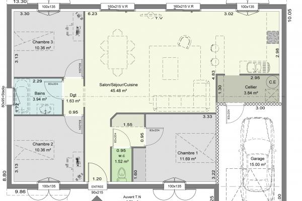 Modèle et plan de maison : Saphir - 89.00 m²