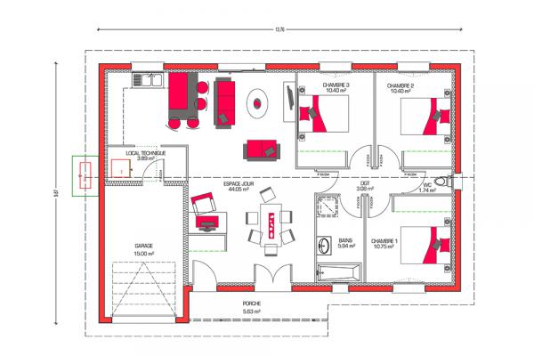 Modèle et plan de maison : Villa Galane - 90.00 m²