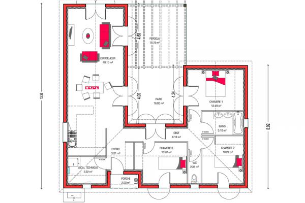 Modèle et plan de maison : Villa Patio - 97.00 m²