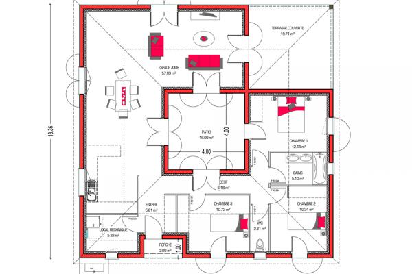 Modèle et plan de maison : Villa Patio - 115.00 m²