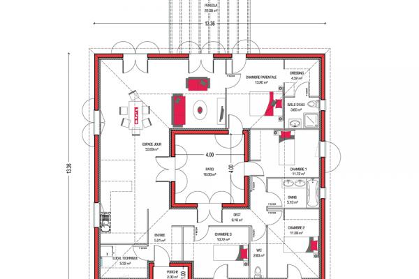 Modèle et plan de maison : Villa Patio - 133.00 m²