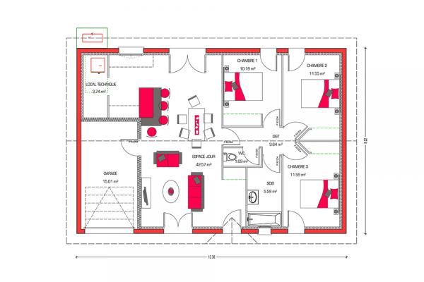 Modèle et plan de maison : Villa Rosa - 90.00 m²